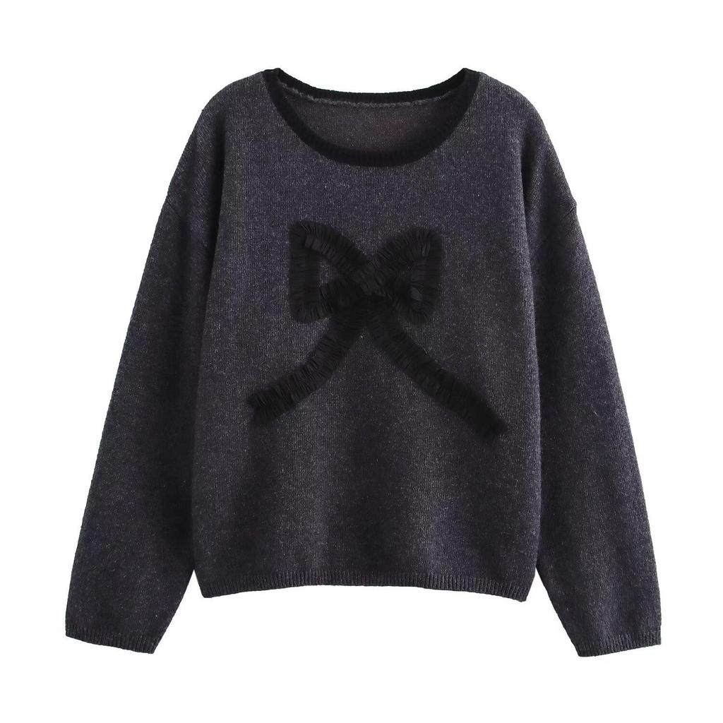 2024 Autumn Women's European & American Style 3D Bow Color Block Round Neck Knit Sweater