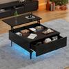 Couchtisch Platte, Moderner Kaffeetisch ausziehbarer LED, Sofatisch Schubladen & Versteckter Stauraum, Beistelltisch Wohnzimmer, Büro, Schwarz