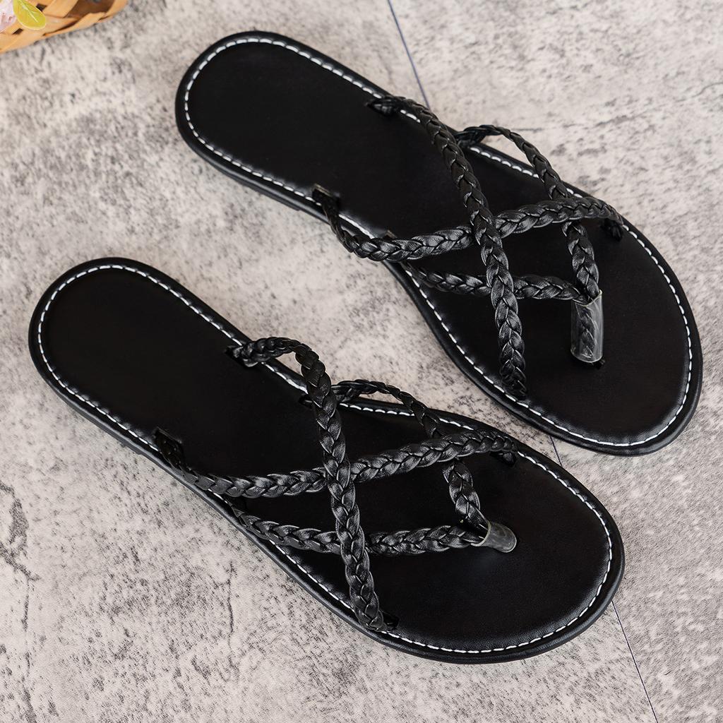 Large Size Flat Bottom Clip Toe Flip Flops Women Solid Color Woven Clip Toe Outer Wear Beach Sandal Flops