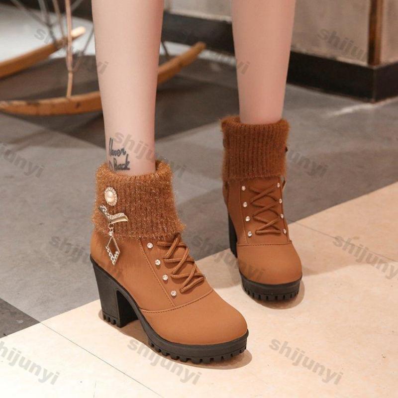 Fashion Women's Chunky Heeled Ankle Boots Autumn Fashion Rhindiamonds Solid Color High Heels Shoes Female Lace Up Platform Short Booties