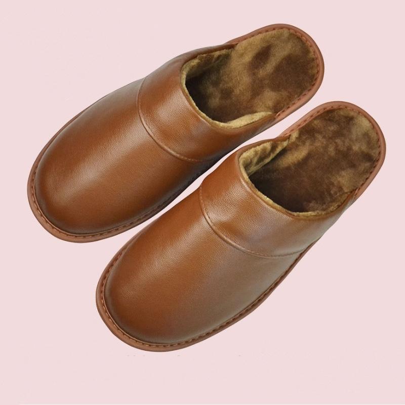 Fleece Warm Winter Cow Split Leather Unisex Handmade Slippers Slip On Soft Comfortable Bedroom Indoor Flats Men Women Padded Warm Slippers Shoes
