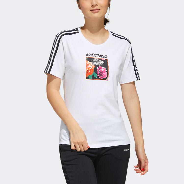 Adidas Neo Casual Sports Striped Print Straight T-Shirt Women Tops White FP7322