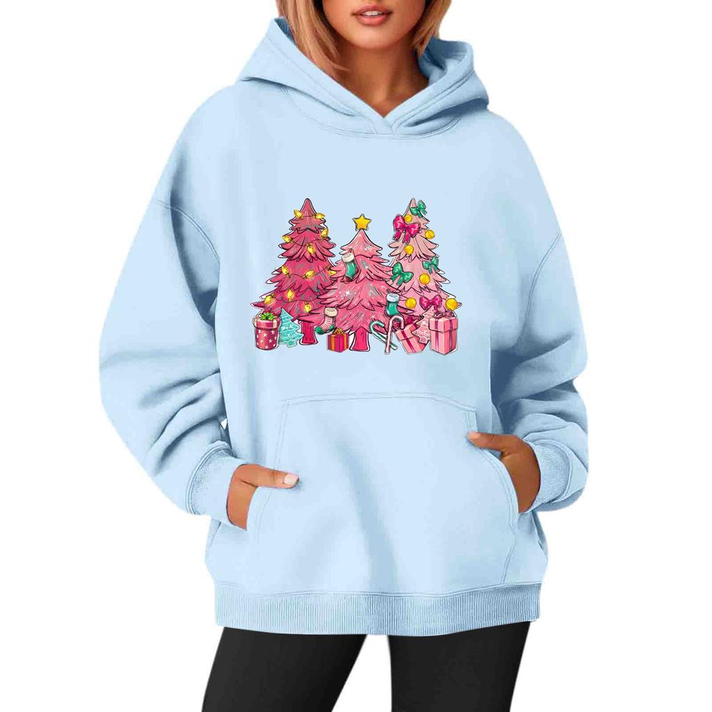 Women's Sweatshirts O-neck Long Sleeve Christmas Printed Top Solid Color Hoodie