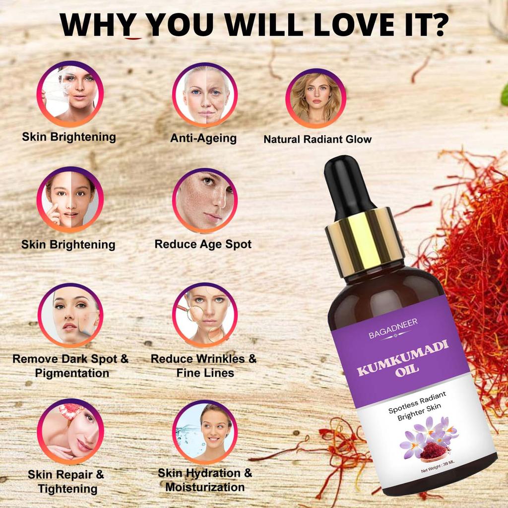 Ayurvedic Kumkumadi Oil (Tailam) Elixir for Glowing Skin, With Pure Essential Oils, Natural Formula for Radiant and Youthful Complexion -30 Ml