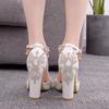 New White Pointed Crystal Wedding Shoes Thick Heels Super High Heels Bridal Shoes One-line Buckles Tassel Rhinestone Women's Sandals