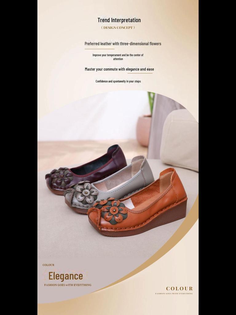 2024 Ethnic Style Cowhide Wedge Heels: Comfortable, Non-Slip, Floral Casual Shoes