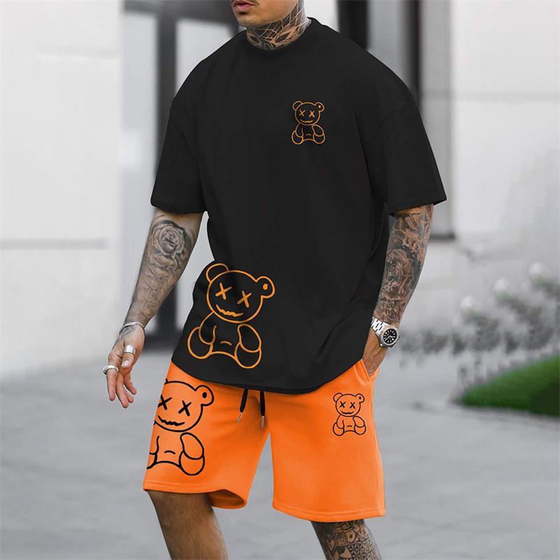 2025 Summer New Men's Short Sleeved Shorts Set Fashion King Printed T-shirt Shorts 2 Sets Casual Round Neck Jumping Breathable S