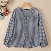 Women Casual V-neck Plaid Print Loose Long Sleeve Blouse