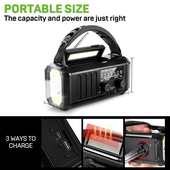 Hand Crank Emergency Radio with Flashlight SOS Alarm Compass Compact Waterproof Solar Powered Rechargeable AM/FM Radio