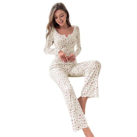 Women's Long Sleeve Pajama Set Ruffle Trim V Neck Crop Top And Wide Leg Pants Sleepwear Set Floral Print 2 Piece Pjs Set