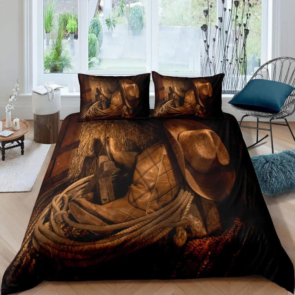 Western Cowboy Duvet Cover Set Vintage Farmhouse Bedding Set For Kids Boys Teens Queen Size Soft 2/3pcs Polyester Quilt Cover