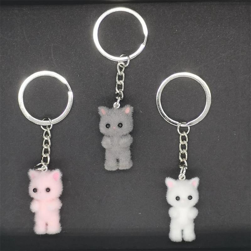 Cute 3D Flocking Kitten Small Bear Keychain Resin Cat Couple Mobile Phone Pendant Car Keyring Earphone Backpack Charms Bag Decor