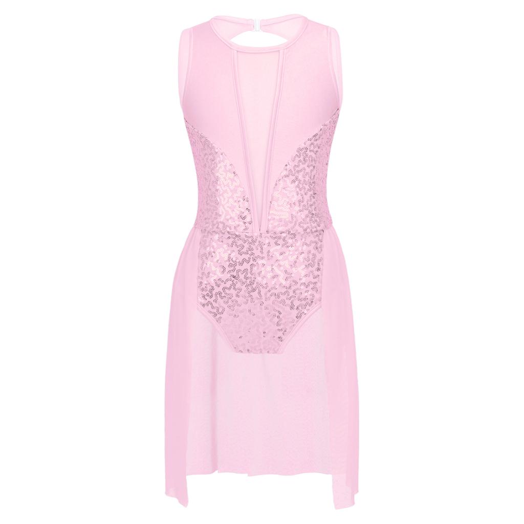 Kids Girls Ballet Tutu Leotard Dress Shiny Sequins Flowy Mesh Skirted Gymnastics Leotard Contemporary Lyrical Dance Costumes