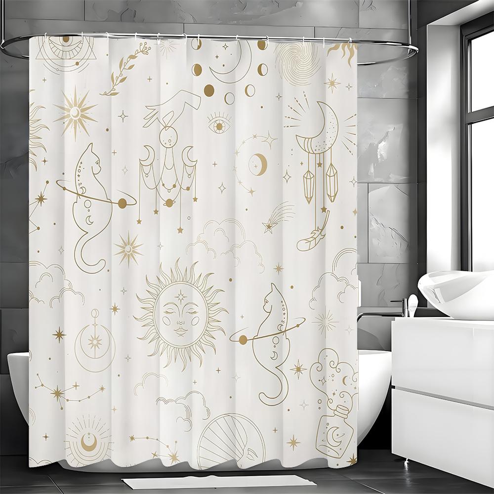 Sun God Moon Cat Stargazer Shower Curtain, Bathroom Decorative Shower Curtain, Waterproof Shower Curtain with Hooks