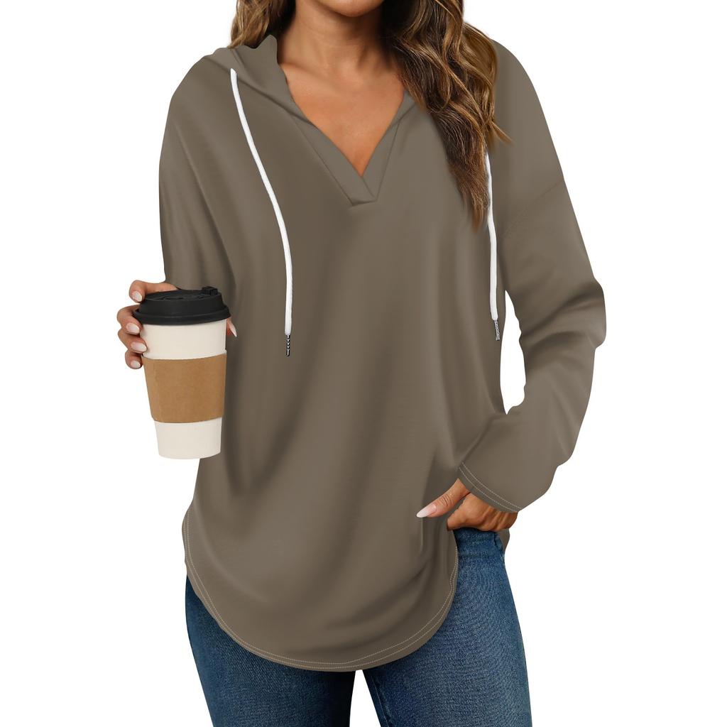 Women's Fashion Hoodies V Neck Long Sleeve Solid Drawstring Casual Loose Pullover Tops