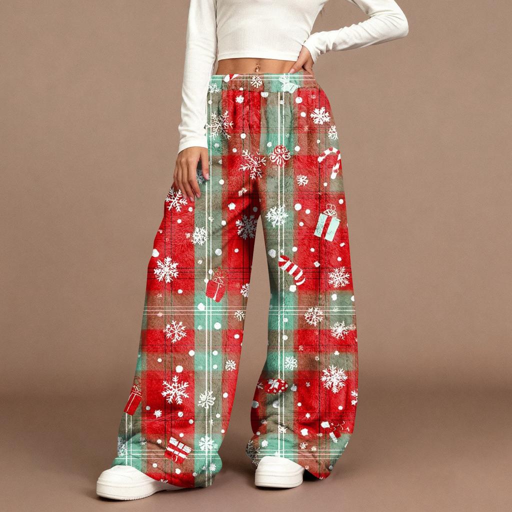 Women's Casual Fashion Christmas Print Elastic Waist Loose Plush Wide Leg Pants