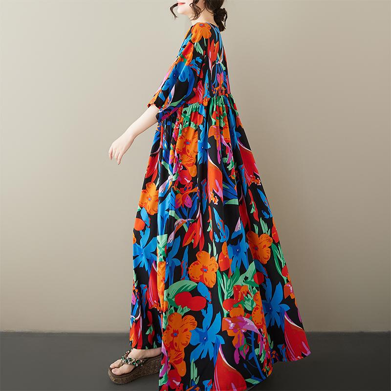 Dimanaf Plus Size New 2025 Women Summer Short Sleeve Dress Basic Casual Floral Loose Vintage Beach Long Dress