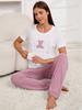 "Women's Autumn Sweet Love Pajama Set: Round Neck, Short Sleeve & Trousers - Comfy 2-Piece Homewear"