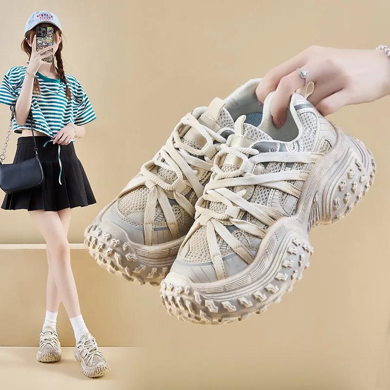 Spring Platform Sneakers Women's Anti Skid Round Toe Vulcanize Shoes Cross Tie Straps Ladies Breathable Trendy Casual Shoes2025