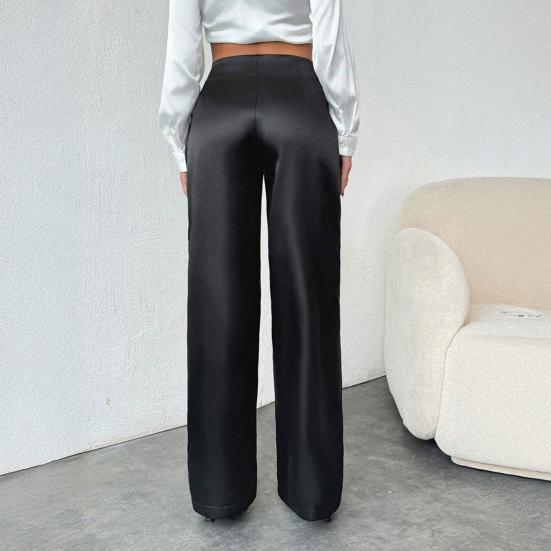 Women Pants Mid-rise Solid Color Loose Fit Wide Leg Design Long Trousers Smooth Satin Casual Trousers Daily Wear