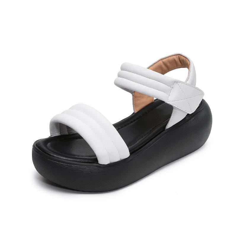 Fashion High Quality Real Leather Sandals for Women In The Summer of Featuring New One-piece Strap and Thick Soled Wedge Heel Sandals