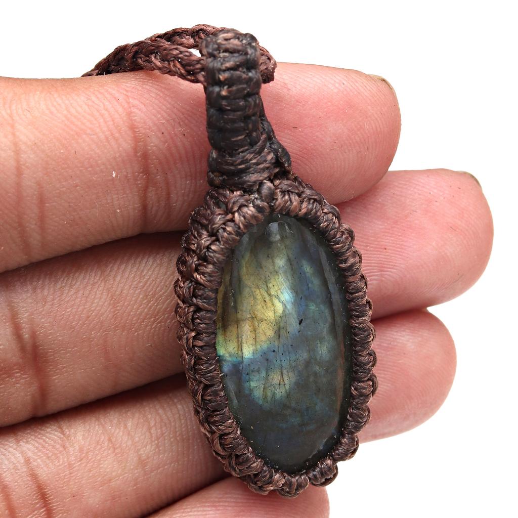 Macrame Necklace Labradorite Pendant Natural Handmade Stone Crystal Bohemian