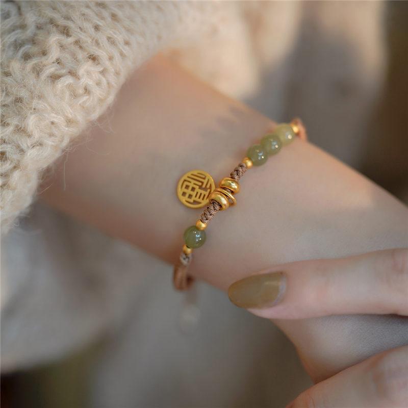 New Round/Chinese Character Natural Hetian Jade Lucky Charm Woven Braided Bracelets For Women Girls Fine Jewelry