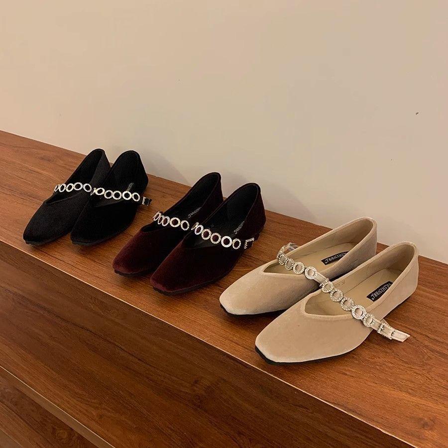 Retro Square Head with Rhinestone Evening Shoes Thick Middle Heel Suede Mary Jane Shoes 2025 Heightened Autumn and Winter New Models