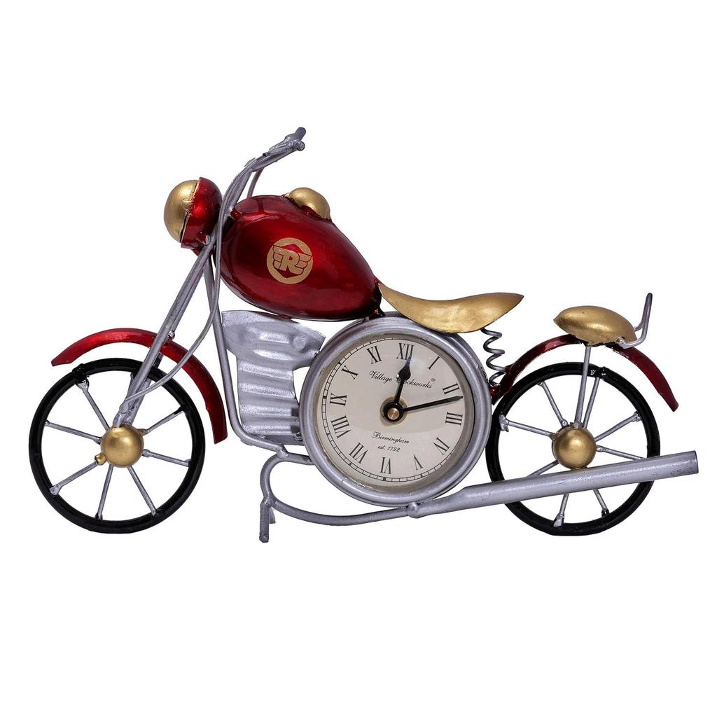 Vintage Royal Bullet Motor Bike with Antique Clock | Rustic Iron Metal Decor Showpiece for Study Table, Desk, Office, Gifts (Red)