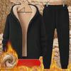 Men's Plush Lamb Fleece Hooded Sweatshirt and Cardigan Sports Suit - Solid Color Two-Piece Set