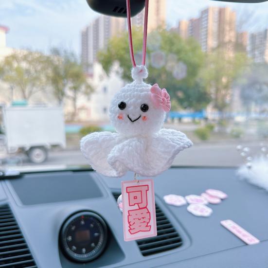 Crochet Sunny Doll Car Charm Handmade Knitted Car Rear View Mirror Hanging Ornaments for Automotive Interior Accessories