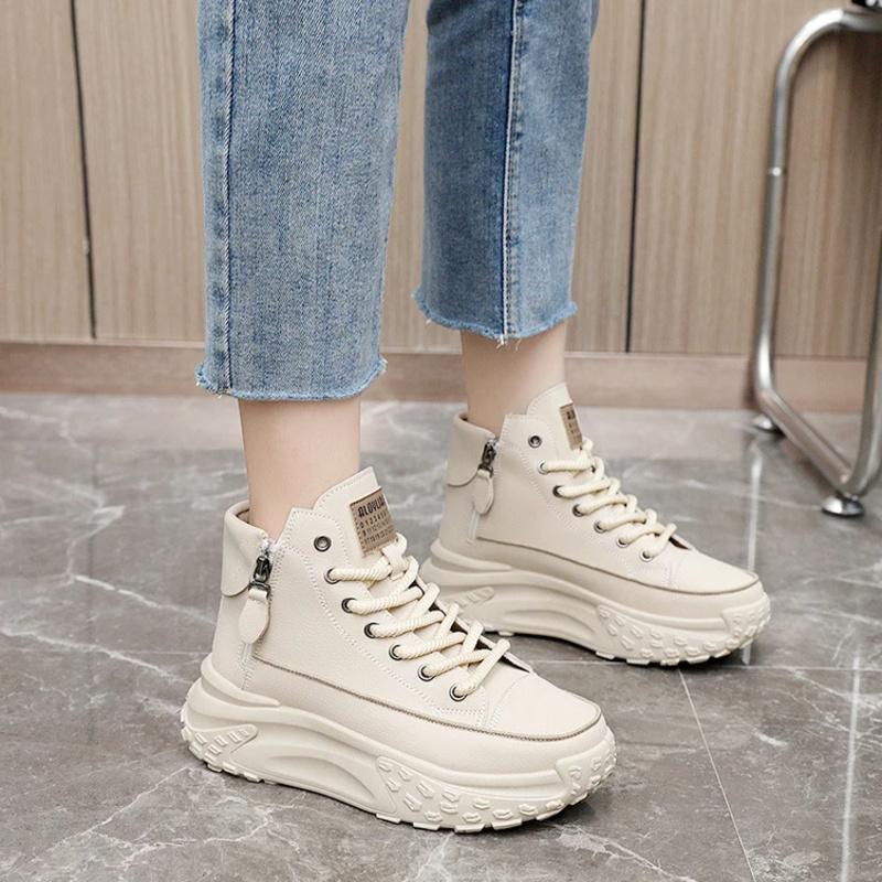 2025 Autumn Chunky High-top WOMEN'S Sneakers Leather Breathable Platform Vulcanized Shoes Women's Casualot Shoes Fashion