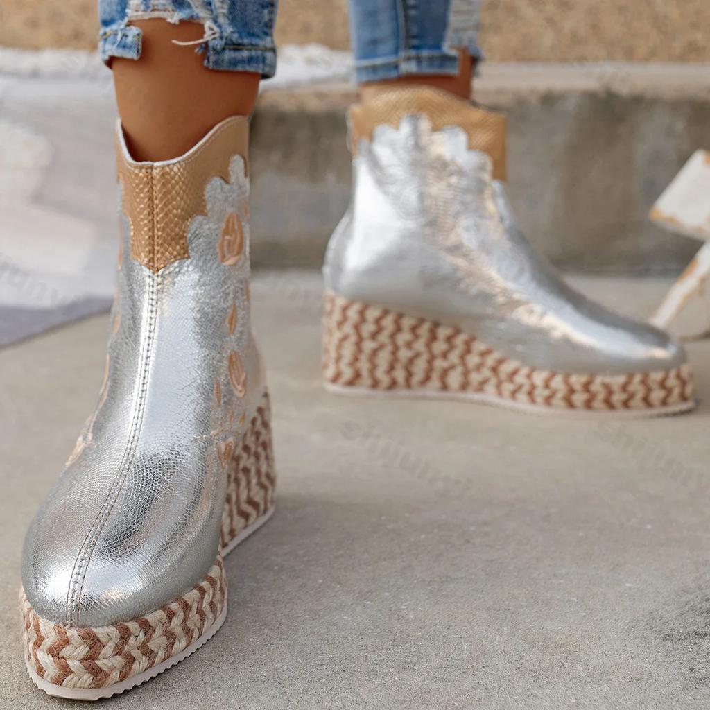 2024 New Autumn Brand New Fashion Embroidery Mid Calf Boots for Women Wedge Platform Retro Ethnic Style High Heels Knight Boots