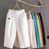 Women Summer Cotton Hemp Cropped Pants Mid-rise Elastic Waistband Wide Leg Casual Pants Solid Color Women's Casual Pants