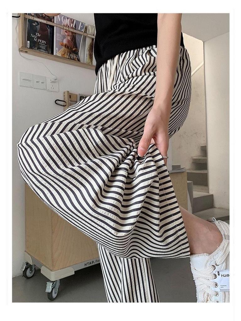 Women's Korean Pinstripe Wide-Leg Pants - Summer Casual, Loose Fit, Elastic Waist & Drawstring, Textured Straight-Leg.