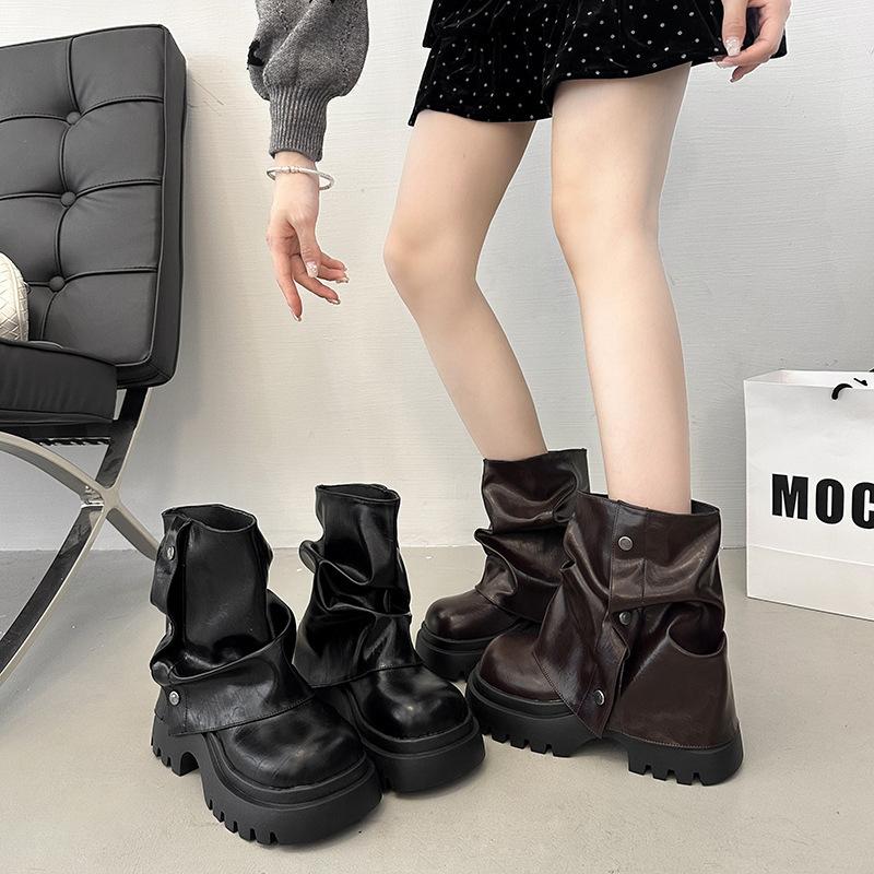 Sense of Design British Leather Boots Rivet Stacking Boots Women's Autumn and Winter Fashion Thick-soled Thin Thick-heeled High-heeled Martin Boots