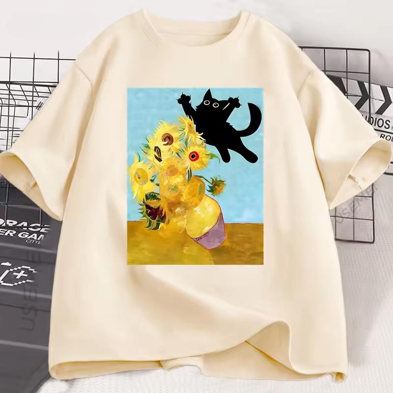 Vincent Van Gogh Cat T-shirt Women Sunflowers Print Tshirt Funny Cute Cat Kitten T Shirt Cotton Short Sleeve Clothes