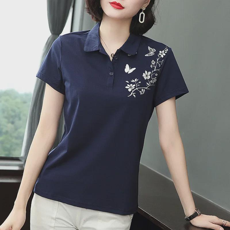 2023 Women's Summer Loose Cotton Lapel T-Shirt with Short Sleeves for Middle-Aged Women