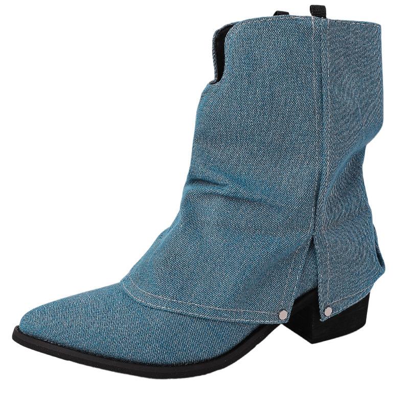 Spring and Summer Retro Casual Pointed Thick Heel Temperament Trouser Boots Autumn and Winter Solid Color Women's Western Denim Short Boots