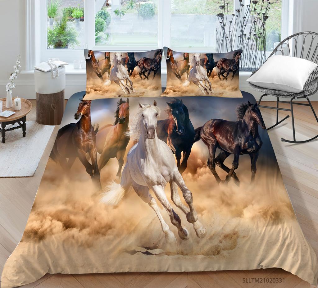 3D Horse Pattern Bedding Single Double Bed Full Size Animal Print Pillowcase and Quilt Cover Microfiber Washable Home Decoration