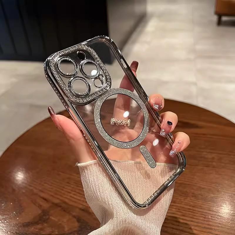Applicable To IPhone17proMax Flash Powder Magnetic Suction Mobile Phone Case Rhinestone Apple 16 Electroplated Anti Fall 15 Protective Case 14