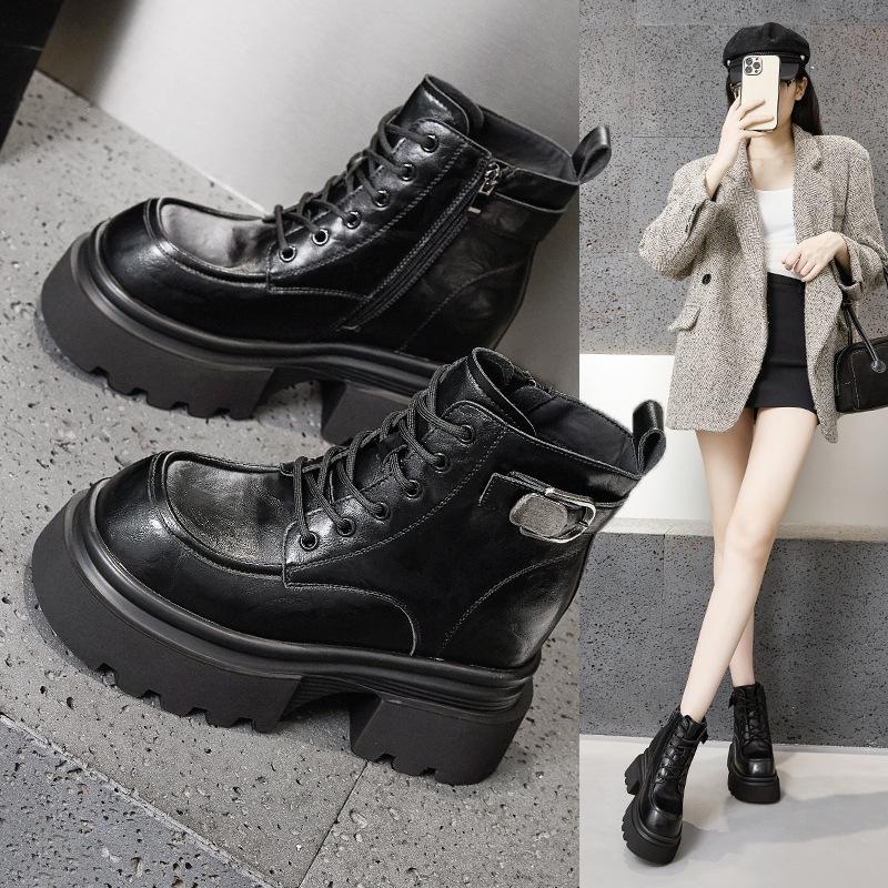 Thick-soled Martin Boots for Women's Autumn and Winter 2025 New Versatile Small Inner Height-increasing Cotton Boots with Velvet Warm Short Boots