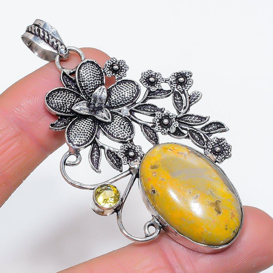 Natural Bumble Bee Jasper, Citrine 925 Sterling Silver Pendant 2.92" G5I90