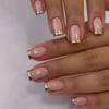 24 Pcs Glossy Pink French Tip Press-On Nails with Golden Stripe, Medium Square Shaped False Nails for Women and Girls
