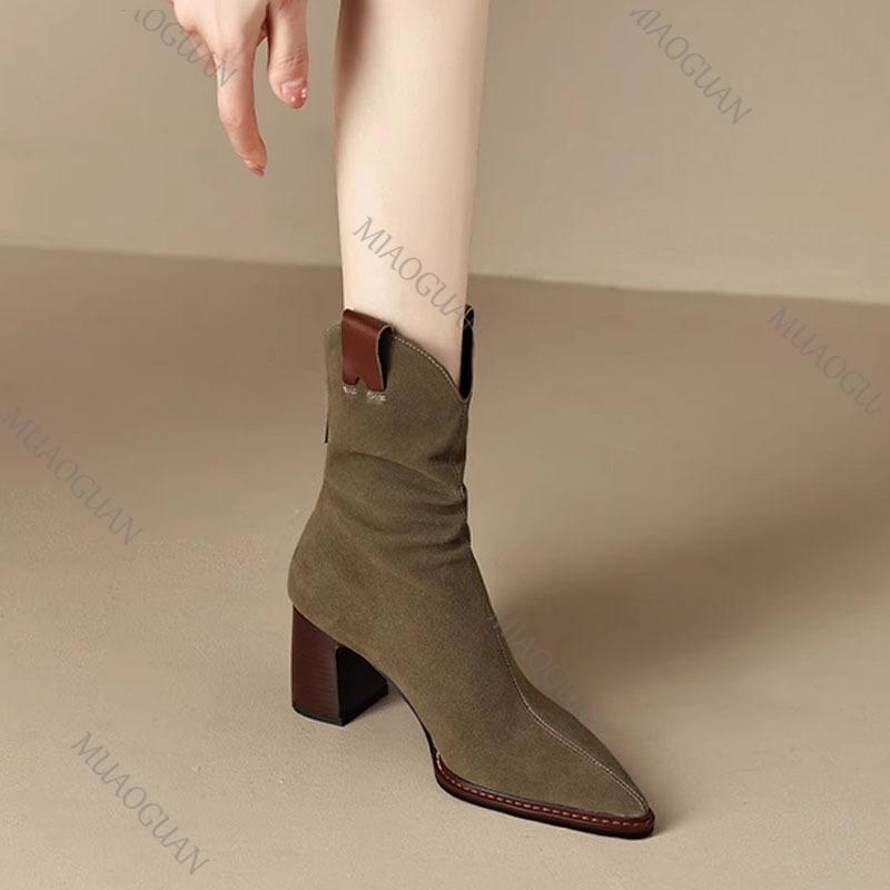 Fashion Autumn New Pleated Stacked Ankle Boots Pointed Toe Thick High Heels Suede V-Mouth Fashion Women's Shoe Solid Chelsea Short Botas