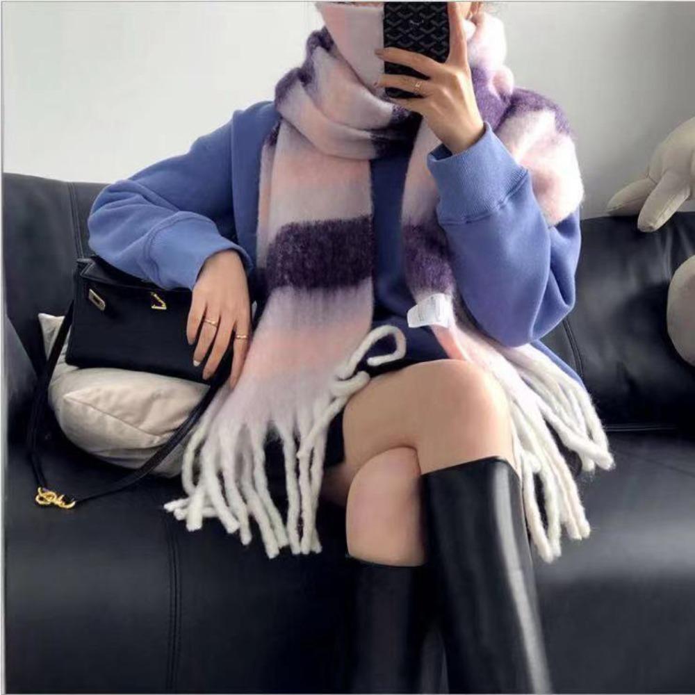 Versatile Four Color Cashmere Scarf Long Tassel Rainbow Winter Plaid Shawl Gradient Tie Dye Scarf