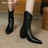 Autumn Boots Women Jean Shoes for Women Genuine Leather Pointed Toe Chunky Heel Women Boots Denim Mid-calf Boots Weatern Boots