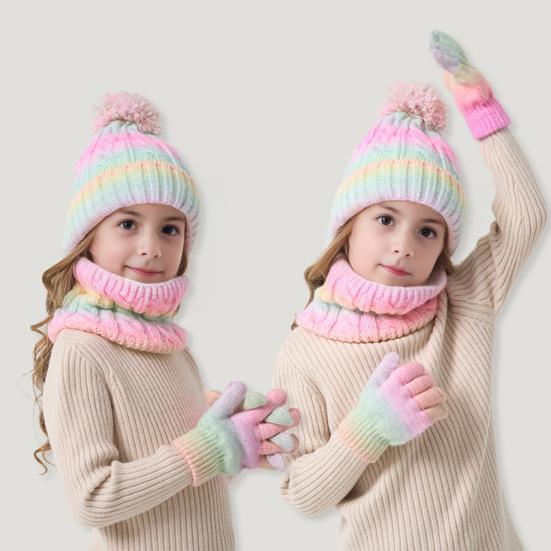 3Pcs/Set Kids Hat Scarf Gloves Set Rainbow Color Twist Texture Hat Thickened Plush Lining Neck Gaiter Knitted Gloves Set