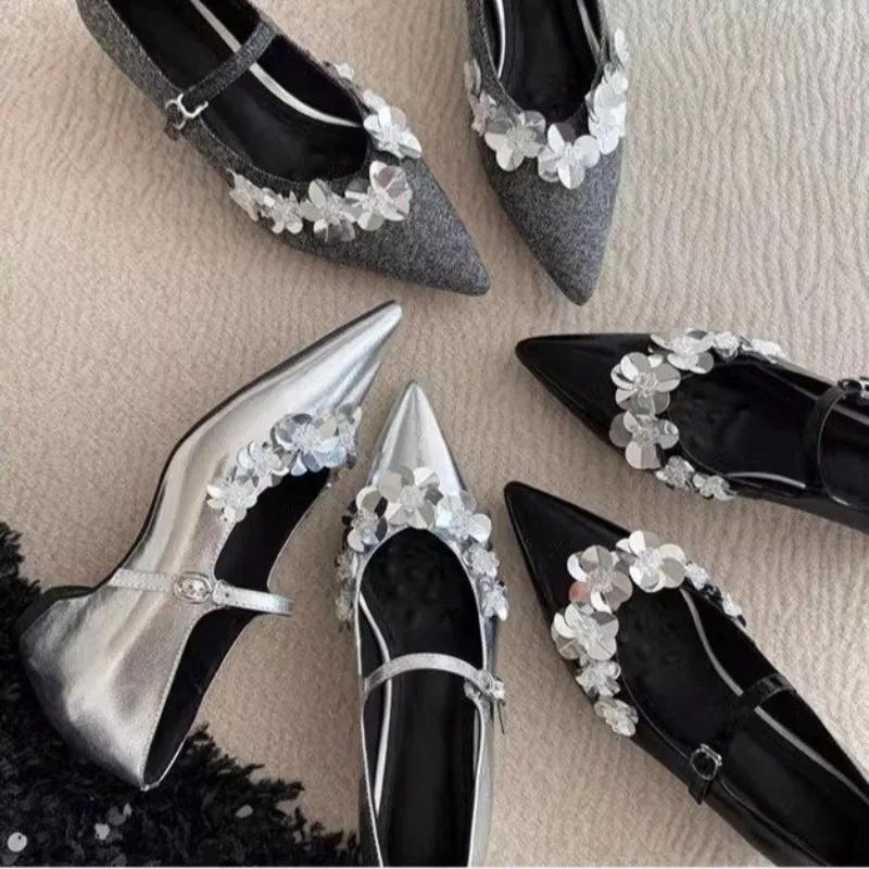 Fashion New Pointed Toe Sequin Flower Mary Jane Women's Shoes One Buckle Strap Shallow Mouth Inside Heighten Soft Sole Flat Single Shoes