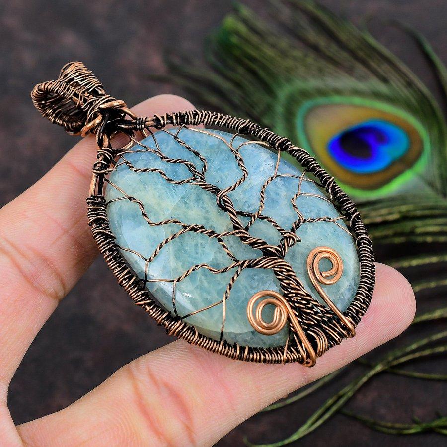 Aquamarine Handmade Copper Wire Wrap Jewelry Pendant 3.35 H9g17